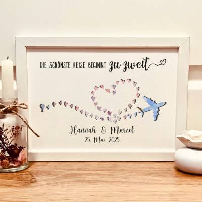 Personalisiertes Geldgeschenk zur Hochzeit – Hochzeitsgeschenk „Die schönste Reise beginnt zu zweit“ im Bilderrahmen