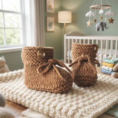 Babyschuhe gestrickt Alpaka Wolle Strickschuhe Baby naturfarben Naturgarn mandel Handarbeit handgestrickt Geschenk 
