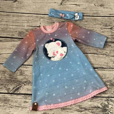 Zauberhaftes Kleidchen Gr.68 mit Stirnband – Eisbär Liebe, handgenäht & bestickt
