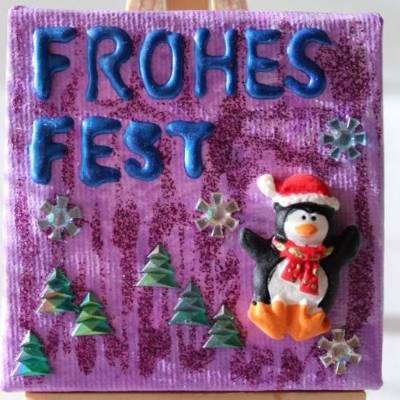 Minibild FROHES FEST, kleine Collage Weihnachtsdeko mit Pinguin aus Polyresin, nette Tischdeko oder Gastgeschenk