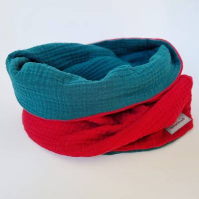 Wickelloop MUSSELIN Bio - Color-Blocking in rot-petrol - von he-ART by helen hesse