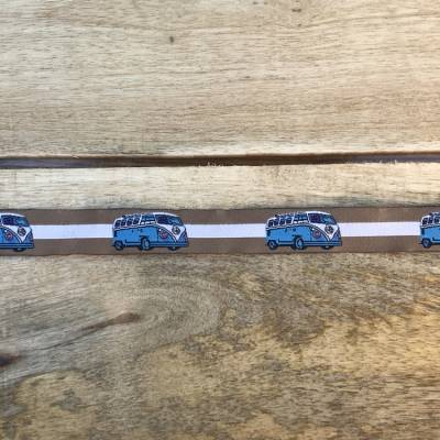 stylisches Webband mit einem schicken BUS drauf - Farbe: HELLBLAU - HELLBRAUN - WEISS * 15 mm breit * ab 0,5 m