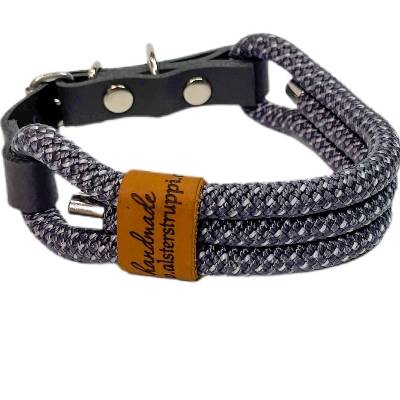 Hundehalsband, Tauhalsband, verstellbar, grau, weiß, Verschluss mit Leder und Schnalle, edel und hochwertig