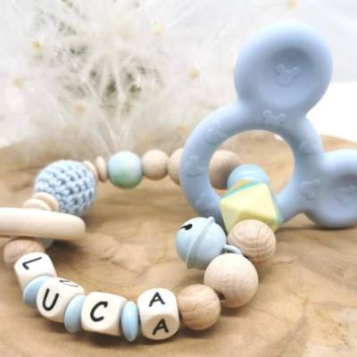 Greifling mit Namen Maus Beißring Junge Blau Geschenk Baby Geburt Taufe 