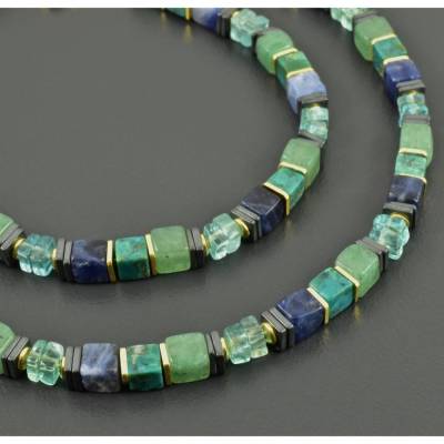 Blaue Würfelkette mit Edelsteinen, vergoldetes 925er Silber, Halskette mit Würfeln in blau / grün, Türkis, Aventurin