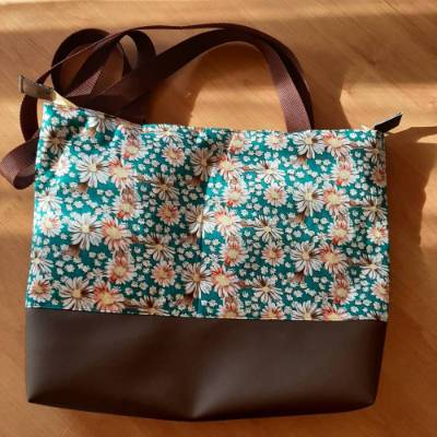 Shopping Bag Schultertasche  Blumen petrol braun