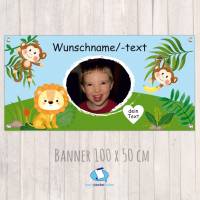 Banner Kinderparty - 100 x 50 cm | Äffchen und Löwe - mit Foto personalisierbar