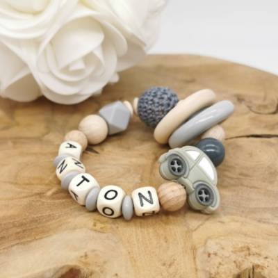 Greifling mit Namen Auto Junge Grau Geschenkidee Baby 