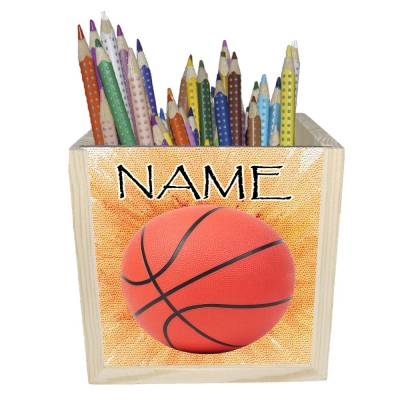Basketball Holz Stiftebox personalisiert z. B. Name Schriftartwahl | 10x10x10cm | Stiftehalter | Schreibtischorganizer