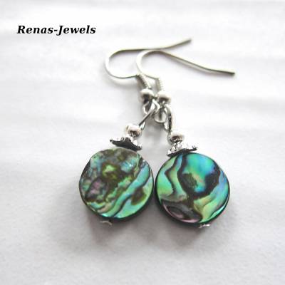 Ohrhänger Abalone Paua Perlmutt Ohrringe rund Regenbogenfarben Perlmuttohrringe Muschel Seeopal
