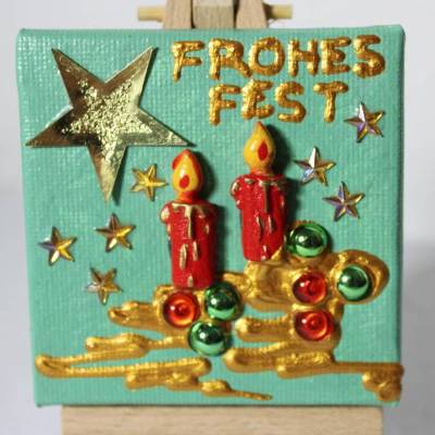 Minibild FROHES FEST, kleine Collage Weihnachtsdeko mit Kerzenmotiv aus Polyresin, nette Tischdeko oder Gastgeschenk