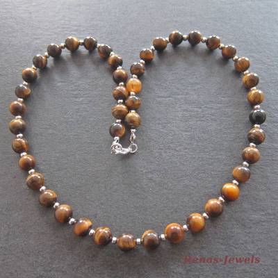 Herren Kette Tigerauge Perlen synthetisch braun silberfarben handgefertigt 51 cm