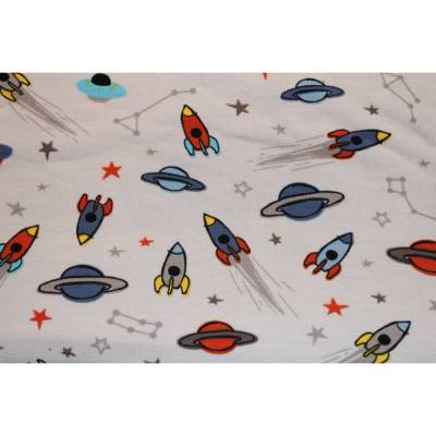 14,30 EUR/m Jersey Weltall Raketen Sterne auf hellgrau Baumwolljersey