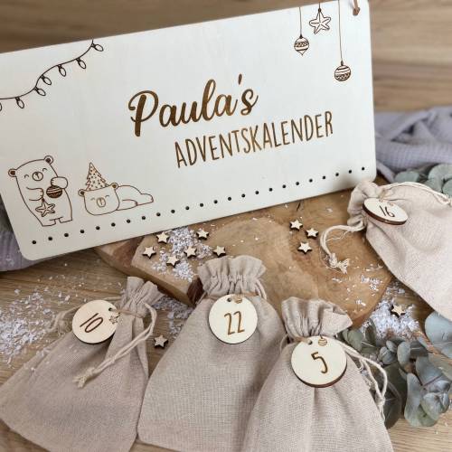 Adventskalender Bär personalisiert mit Namen / Weihnachtskalender Advent aus Holz zum befüllen