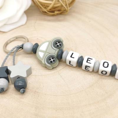 Schlüsselanhänger mit Namen Junge Auto Grau Geschenkidee 