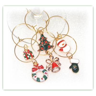 6 Glasmarkierer weihnachtlich, Glasmarker Glocke Tannenbaum Adventskranz Nikolaus Schneemann Schneeflocke