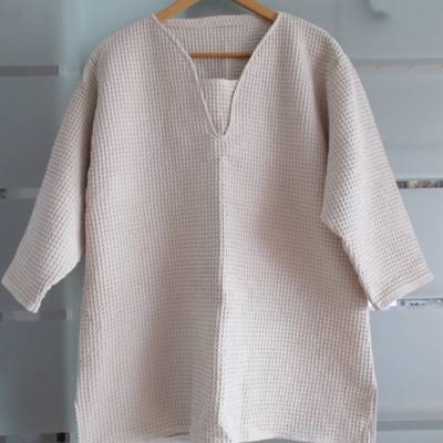 Hemd / Tunika  Mittelalter-Style wollweiß Größe L unisex leger Waffelpiqué 3/4 arm handarbeit genäht