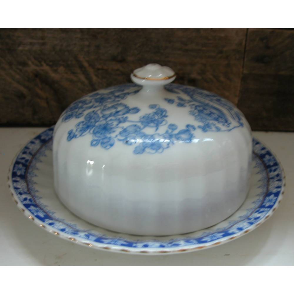 Porzellan Butterdose China blau – Vintage mit Brandriss, H 9 cm, D 16 cm