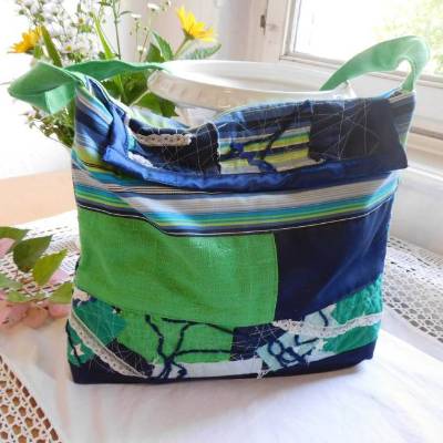 grüne Leinentasche , Patchworktasche bunt