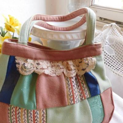 Hand tasche , grüne Woll handtasche , Patchworktasche