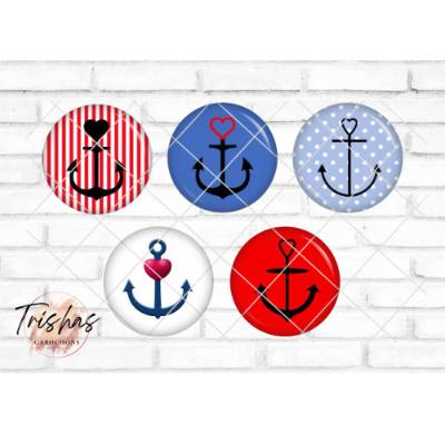 Glas Cabochon mit Motiv Maritim Anker Herz blau rot weiß, Fotocabochon, Handmade Cabochon, verschiedene Größen, Motivcab