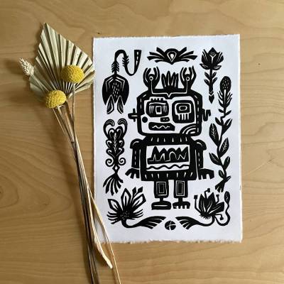 Linoldruck Roboter und Blumen