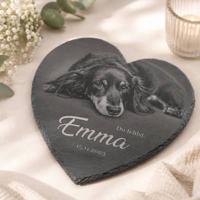26 x 29 cm Schieferherz für Tiere – personalisierter Gedenkstein mit Gravur, Foto & Wunschtext