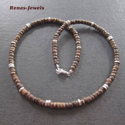 Männerkette Holzkette braun silberfarben Herren Kette Holzperlen Männer Kette