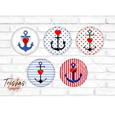 Glas Cabochon mit Motiv Maritim Anker Herz blau rot weiß, Fotocabochon, Handmade Cabochon, verschiedene Größen, Motivcab