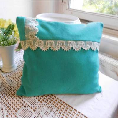 Kissen , mint grünes Jerseykissen , Kissen mit Spitze , Homedecor