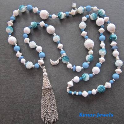 Bettelkette lang mit Quaste Anhänger blau weiß silberfarben Boho Kette Perlenkette Bohokette Handgefertigt