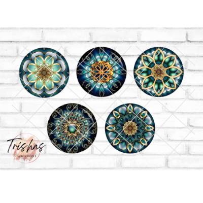 Glas Cabochon mit Motiv Mandala Mosaik Kaleidoskop Türkis blau grün, Fotocabochon, Handmade Cabochon, verschiedene Größe