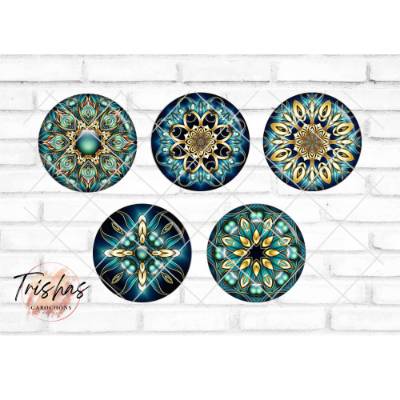 Glas Cabochon mit Motiv Mandala Mosaik Kaleidoskop Türkis blau grün, Fotocabochon, Handmade Cabochon, verschiedene Größe