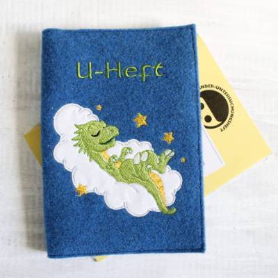 Bestickte U-Heft Hülle aus Filz "Schlafender Dino auf Wolke" inkl. Wunschnamen *individuell angefertigt