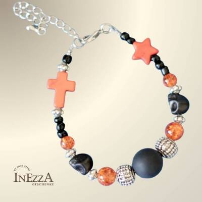 Halloween Armband mit Howlithkreuz Howlithtotenkopf Howlithstern orange schwarz silber Halloweenparty Accessoire