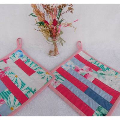 Patchwork Topflappen genäht  , Set von 2 pink gestreiften  Topflappen , Quilt topflappen