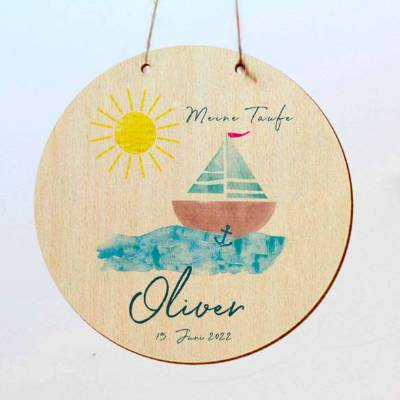 Türschild Wanddekoration personalisiertes Bild rund Holz Segelboot