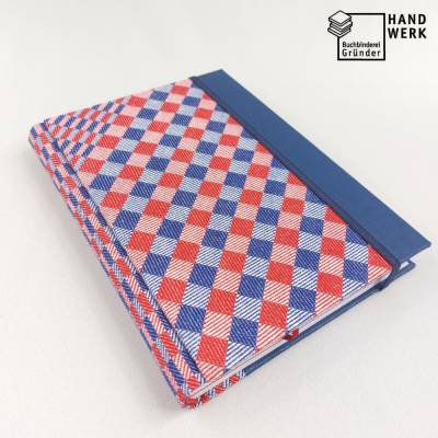 Notizbuch, rot blau, Stiftschlaufe, DIN A5, 150 Blatt, Grubentuch Unikat