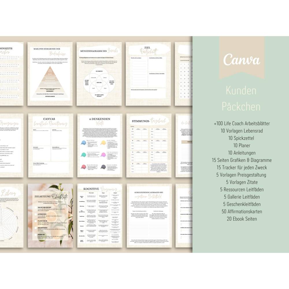 Life Coaching Canva-Vorlagen Paket auf DEUTSCH, Social Media, Arbeitsblätter, E-Book etc. Bild 4