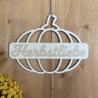 Kürbis aus Holz mit Schriftzug Herbstliebe – Deko für den Herbst