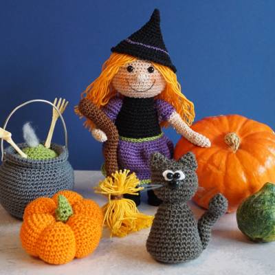 Häkelanleitung Hexe mit Kessel, Kürbis und Katze - PDF Datei
