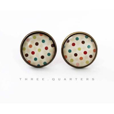 Ohrstecker, Punkte, bunt, Polka Dots, rot, gelb, creme, weiß, blau, Cabochon, vintage, antik, bronze, Tupfen, farbenfroh, Farben