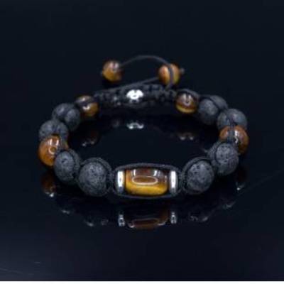 Herren Armband aus Edelsteinen Lavastein Tigerauge und Hämatit mit Knotenverschluss, Makramee Armband, 10 mm
