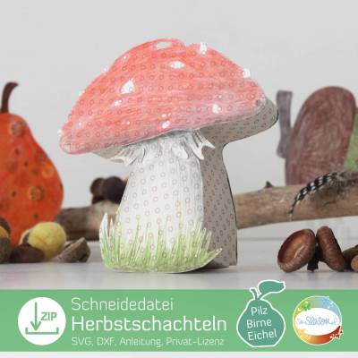 Schneidedatei Herbst-Schachteln, für drei Stülpschachteln mit ausführlicher Anleitung, Plotterdatei Pilz Birne Eichel
