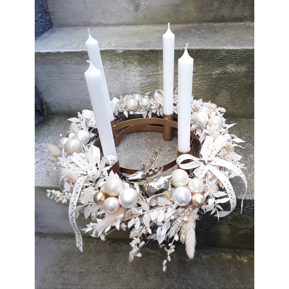 BESONDERER ADVENTSKRANZ Naturtöne rustic beige creme kupfer gold Trockenblumen Elch Stabkerzen