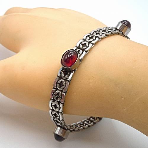 925 Silber Armband mit Granat Cabochon – Antikes Designer Schmuckstück aus Pforzheim um 1940