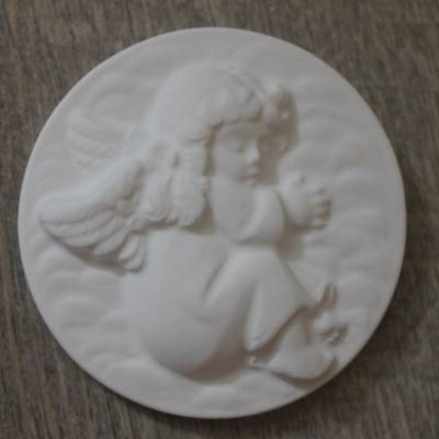 Rundes Kunststeinrelief Engel zum Selbst bemalen