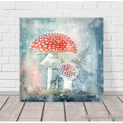 Herbstzeit FLIEGENPILZE Bild Pilz auf Holz Leinwand Fineartprint Wanddeko Landhausstil Shabby Chic Vintage Style kaufen