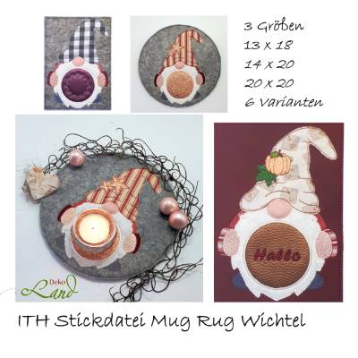 ITH Stickdatei Mugrug Wichtel Set – Mug Rug Wichtel als Untersetzer in 3 Größen
