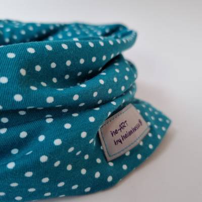 Beanie-Loop - gleichzeitig Mütze und Loop - für Damen, aus Jersey in petrol-weiß
